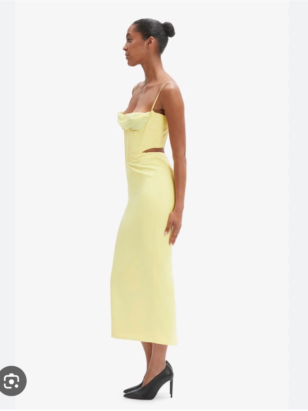 Bardot Lemon Satin Cowl Midi Dress with Side Cut-Out